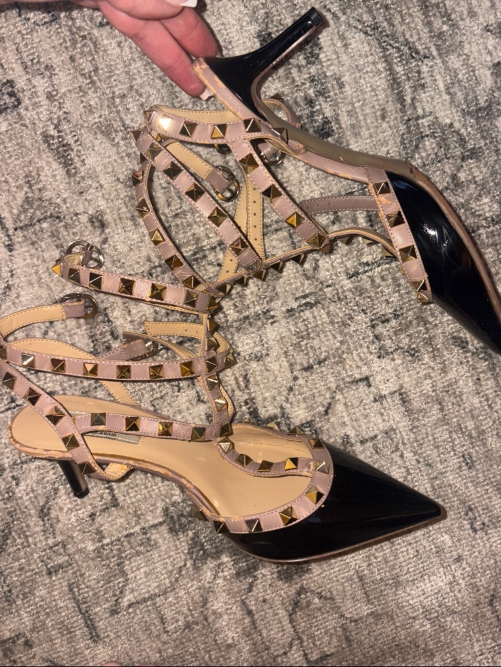 Valentino Garavani Black Patent and Blush Rockstud Strappy Heels